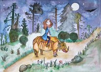 Childbook Illustration of a Girl riding a Rhinoceros