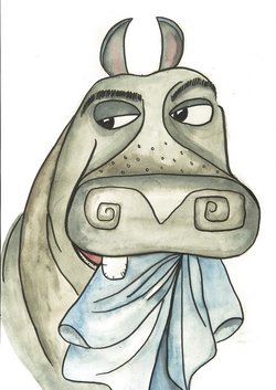 Kinderbuch Illustration von einem Nilpferd, dass eine Decke frisst.